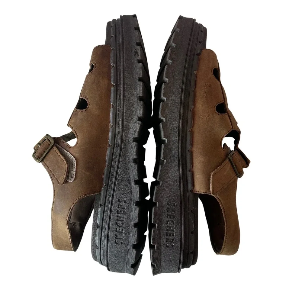Skechers Fisherman Mens Buckle Leather Sandals Size 10 Brown Chunky Open Toe Y2K